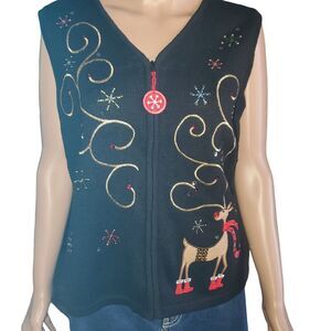NWT Vntg Shane Lee Inc Zip Sweater Vest Christmas Rudolf 90s New Old Stock Sz M